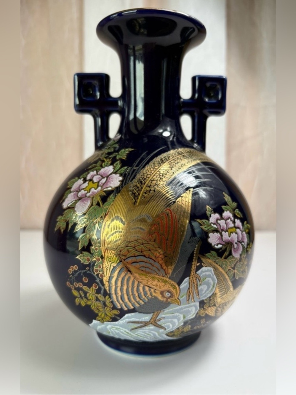 Vintage Japanese Cobalt Blue Porcelain Vase-Hand-painted Golden Pheasant